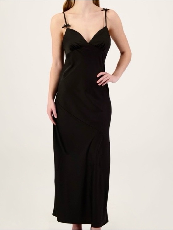 Crystal Doll Dresses & Skirts - Crystal Doll Black Satin Slip Dress Bow Straps Event Wedding Guest Party Glam L